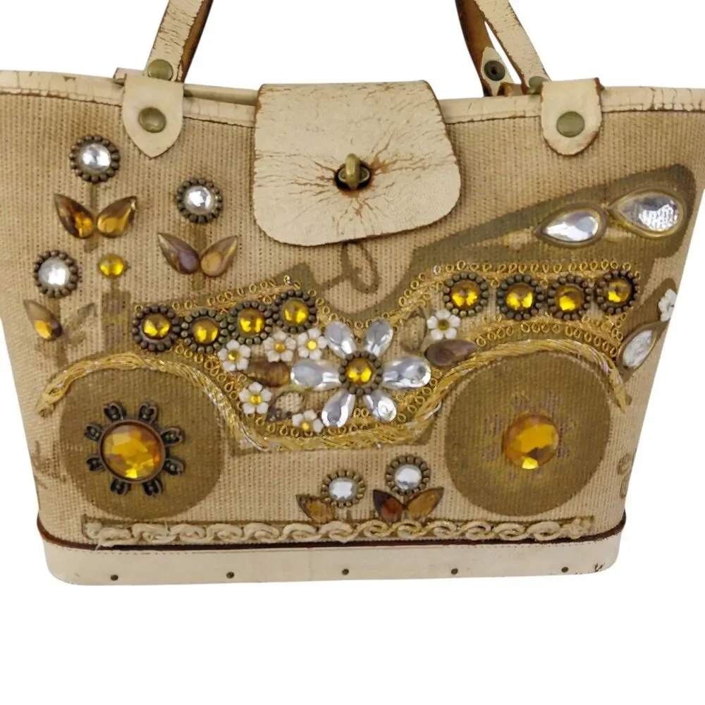 Enid Collins of Texas Model T Canvas Tote Purse Jeweled Wood Bottom 1960s HTF